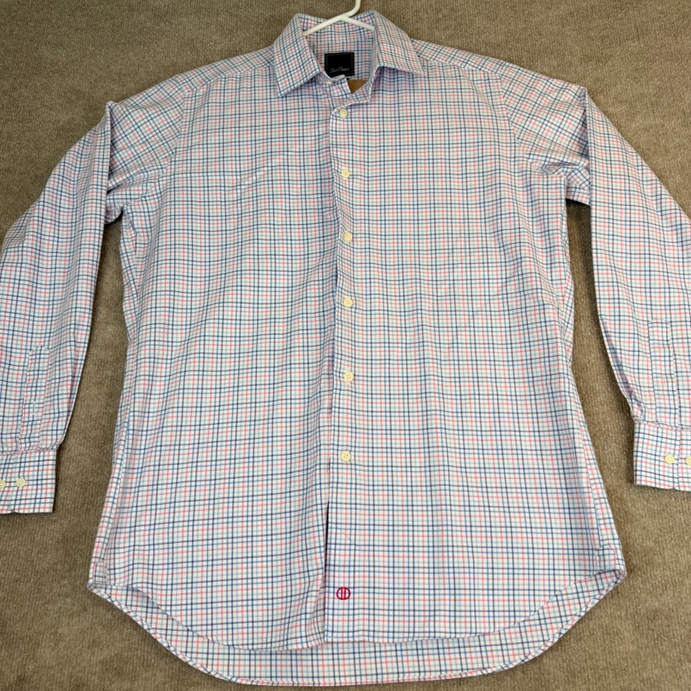 David Donahue Mens Dress Shirt 16 1/2 34/35 Blue Pink Plaid Cotton Trim Fit - Picture 7 of 15